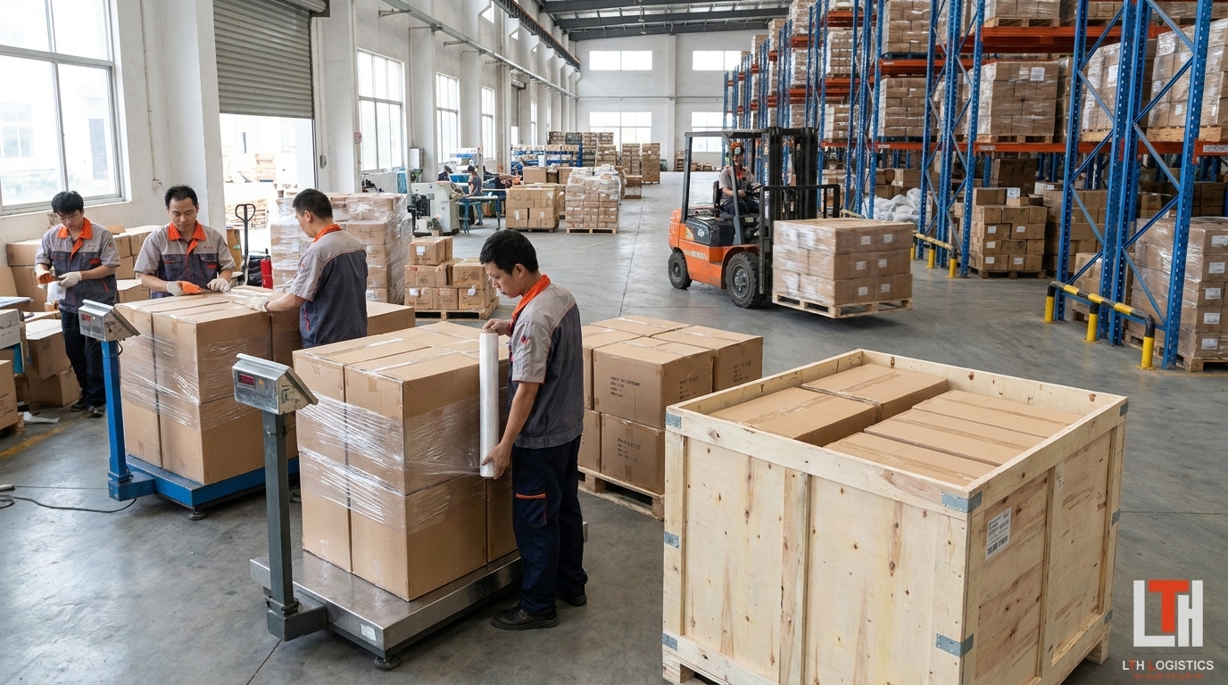 Hàng sỉ được nhận, cân, gom kiện và đóng gỗ (nếu chọn) tại kho Quảng Châu trước khi về Việt Nam.