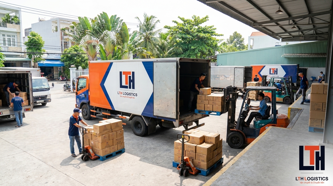 Đội xe vận tải liên tục điều phối hàng hóa từ kho Việt Nam đến tận tay khách hàng.