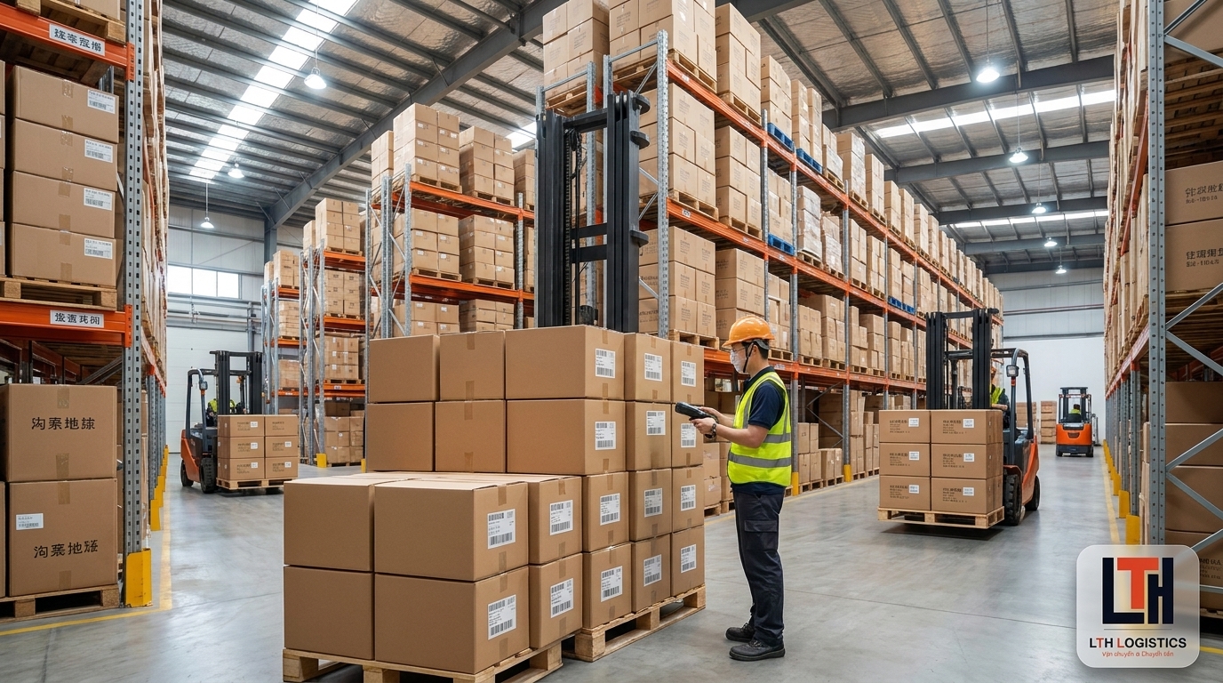 Hàng hóa được tiếp nhận và xử lý chuyên nghiệp tại kho Quảng Châu của LTH Logistics.