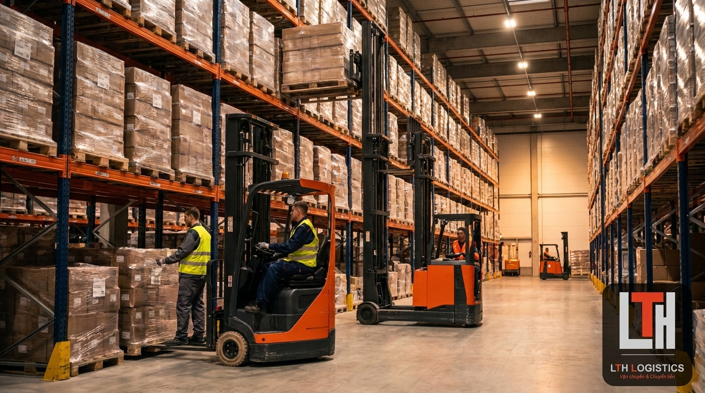 Hàng hóa được bốc dỡ và lưu trữ an toàn tại kho Việt Nam trước khi giao đến tay khách hàng.