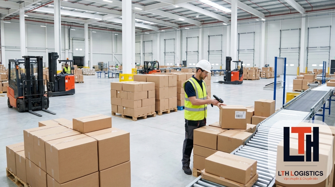 logistics warehouse scanning parcels checking